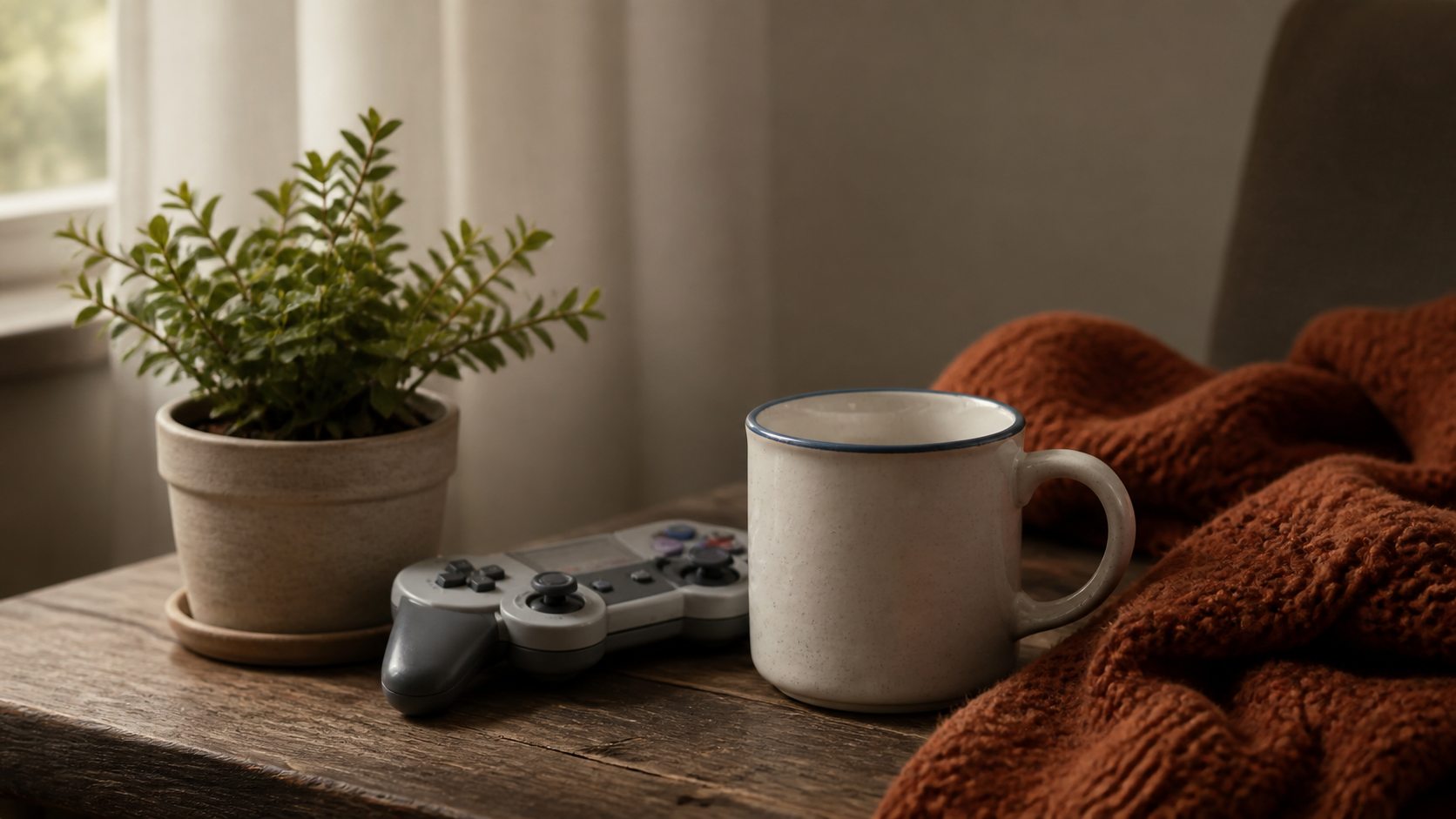 A cozy tabletop with a plant, game controller, ceramic mug, and rust-colored knit blanket